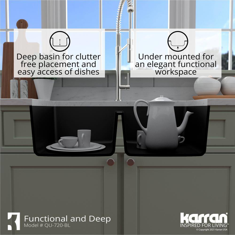 Karran Undermount Quartz Composite 33 in. 5050 Double Bowl Kitchen Sink in Black QU-720-BL