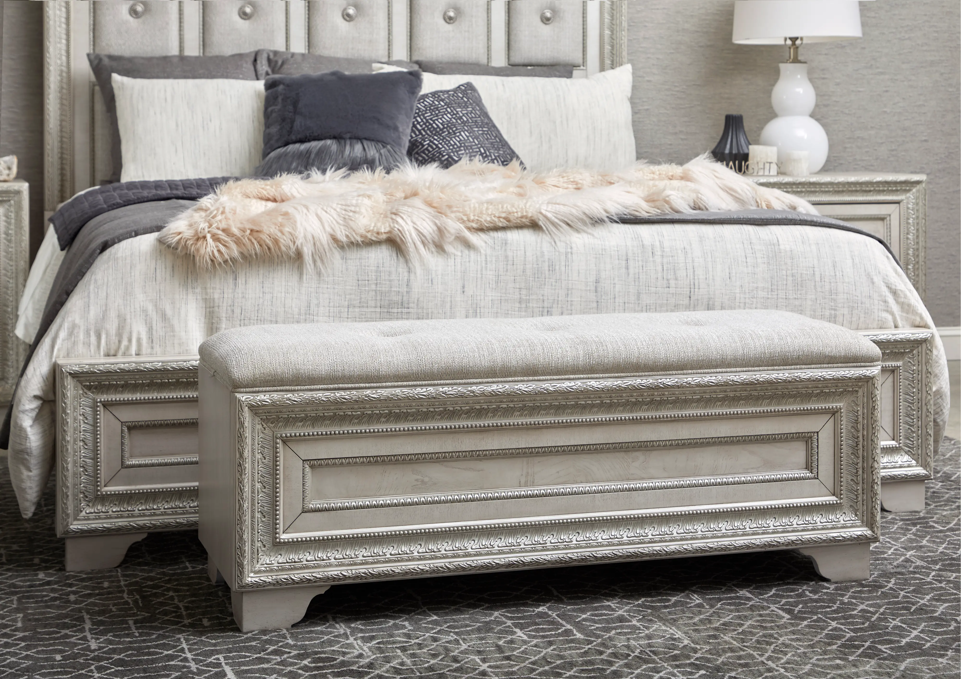 Camila Pearl White Storage Bed Bench