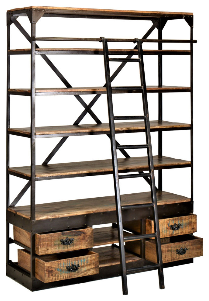 80x62 quotRustic Industrial Mobile Library Bookcase with Ladder and Drawers   Industrial   Bookcases   by Sideboards and Things  Houzz