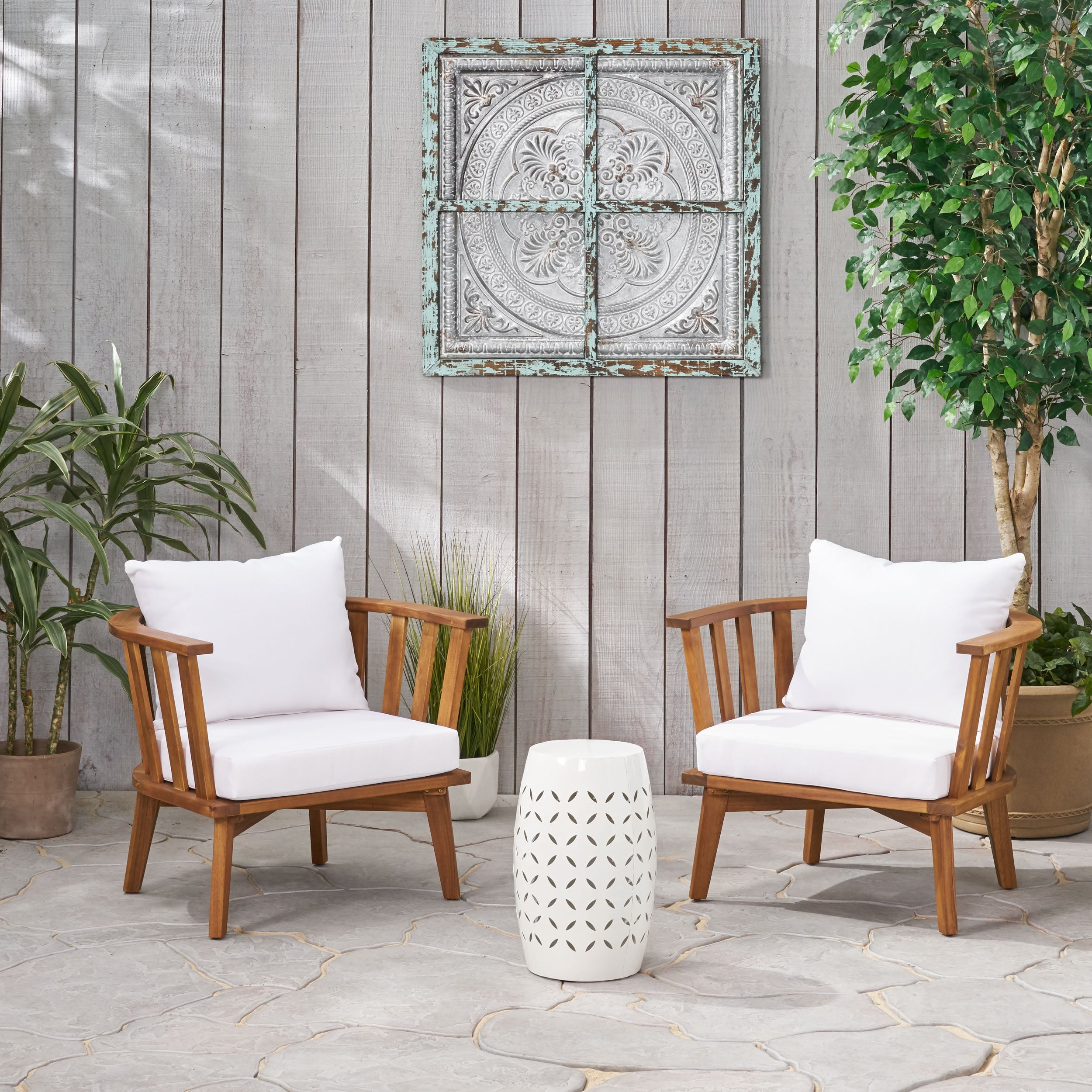 Hilary Outdoor Acacia Wood 2 Seater Club Chairs and Side Table Set