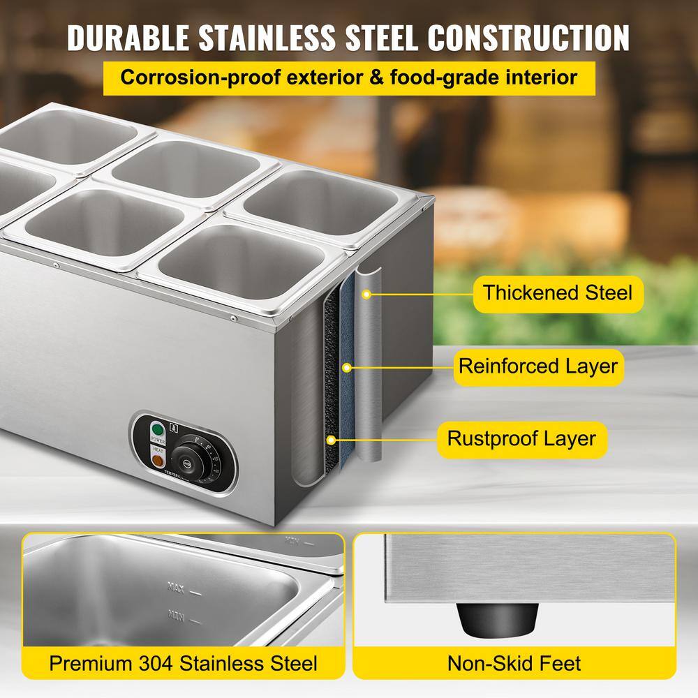 VEVOR 6 in. Deep Commercial Food Warmer 6 x 16GN 6-Pan Stainless Steel Bain Marie Steam Table 12.6 Qt. Capacity 1500-Watt PT6BM-33A110VUKDKV1