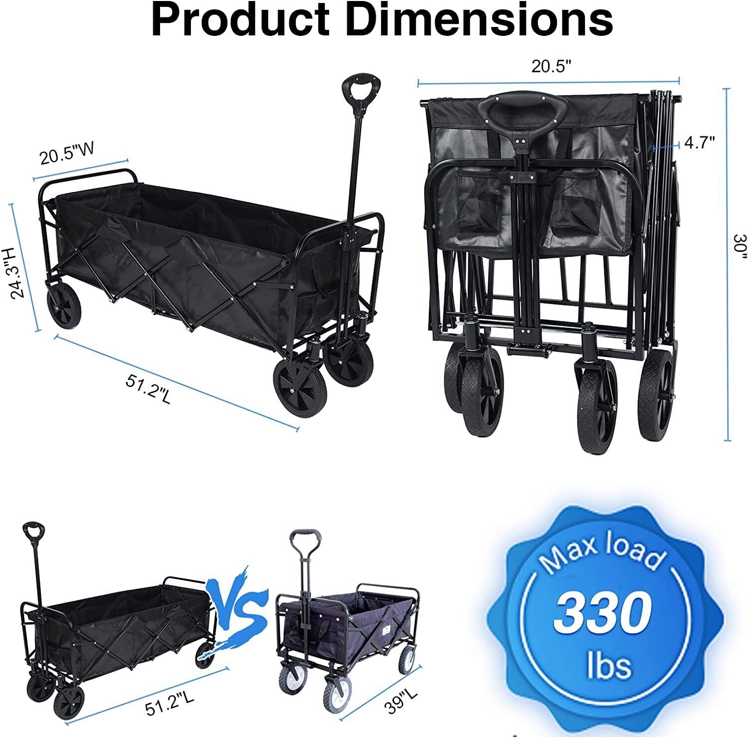 YSSOA Folding Utility Outdoor Garden Cart Wagon， 330LBS Heavy Loaded ，Black