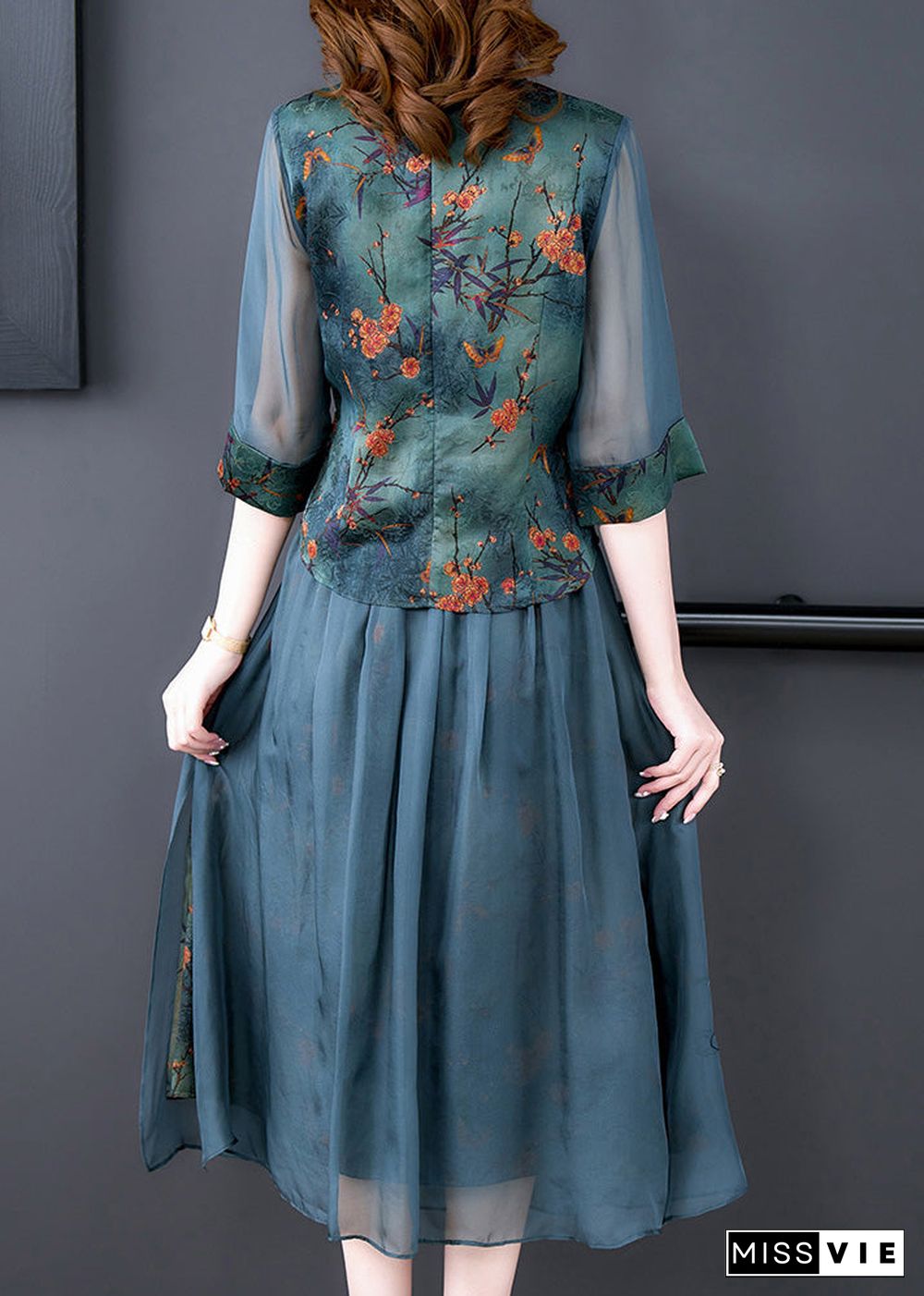 Women Green Embroideried Button Silk Shirts And Maxi Skirts Two Pieces Set Half Sleeve