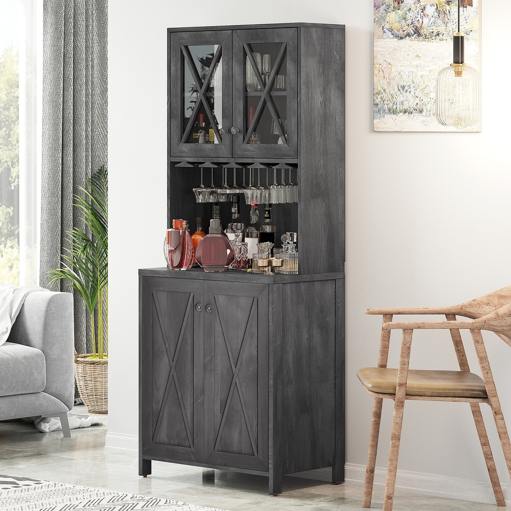 Farmhouse Bar Cabinet for Liquor and Glasses for Dining Room Kitchen Cabinet with Wine Rack