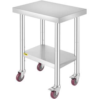 VEVOR Kitchen Prep Table 24 x 18.1 x 33.9 in. Stainless Steel Rolling Table with Wheels and Brake Kitchen Utility TableSilver CFGZT24X18X34YC01V0