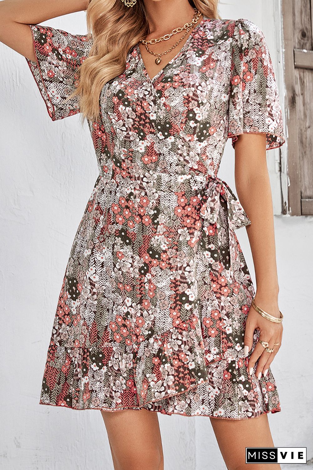 Wrap V Neck Side Sash Vintage Floral Dress