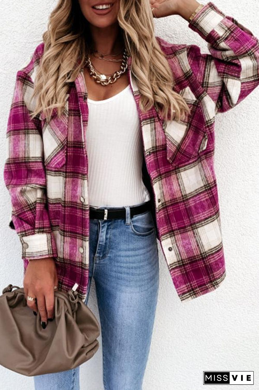 Long Sleeve Plaid Shirt Collar Jacket P13325