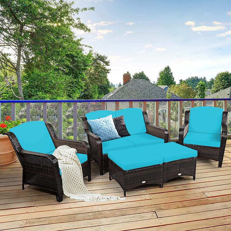 5 Pcs Rattan Wicker Patio Furniture Set with Loveseat, Single Sofas & Ottomans, Outdoor Conversation Sets