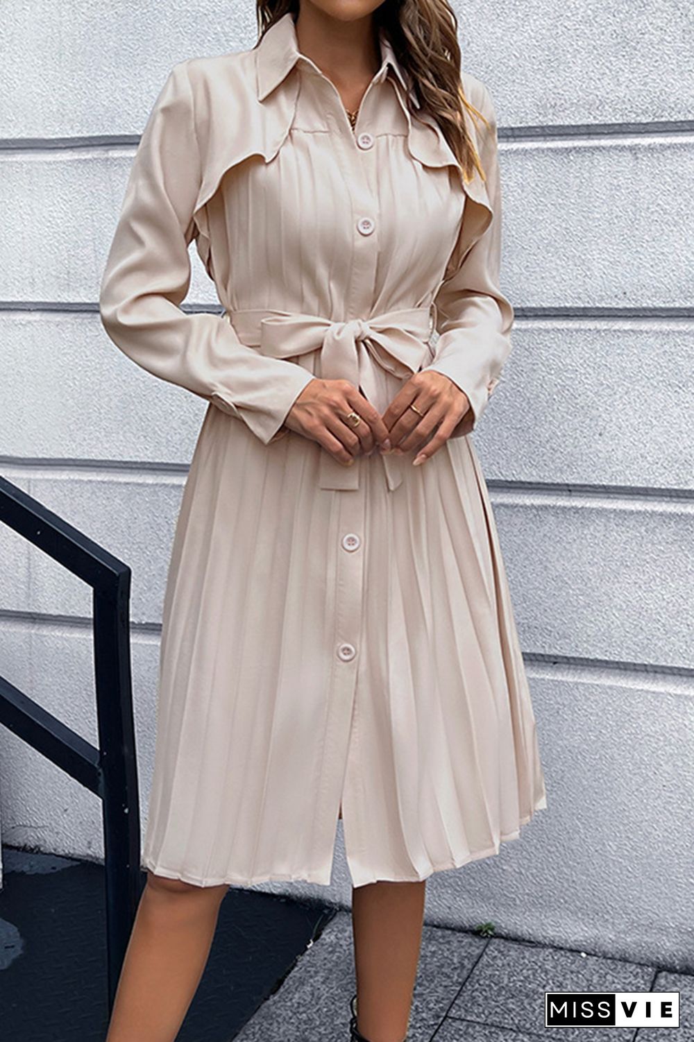 Plain Open Button Pleated Midi Dress