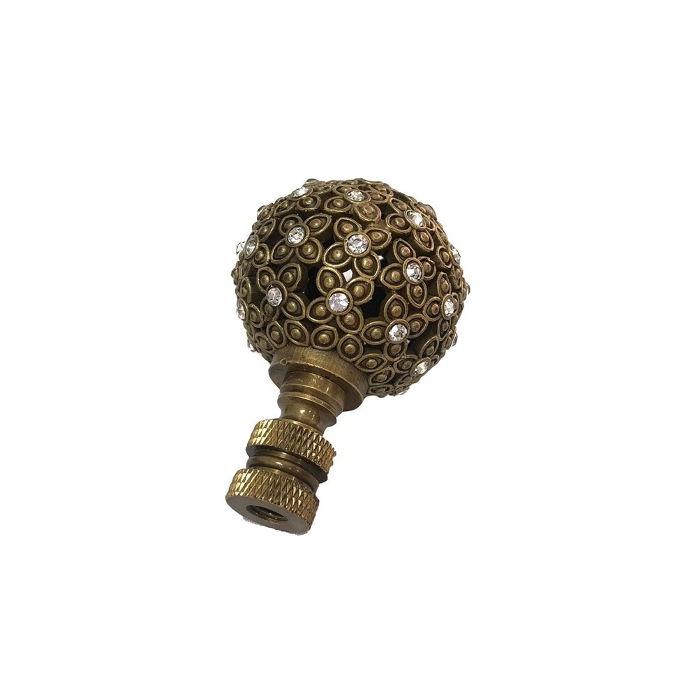 Royal Designs Floral Motif Sphere with Crystal Accents Lamp Finial  Antique Brass  Set of 2