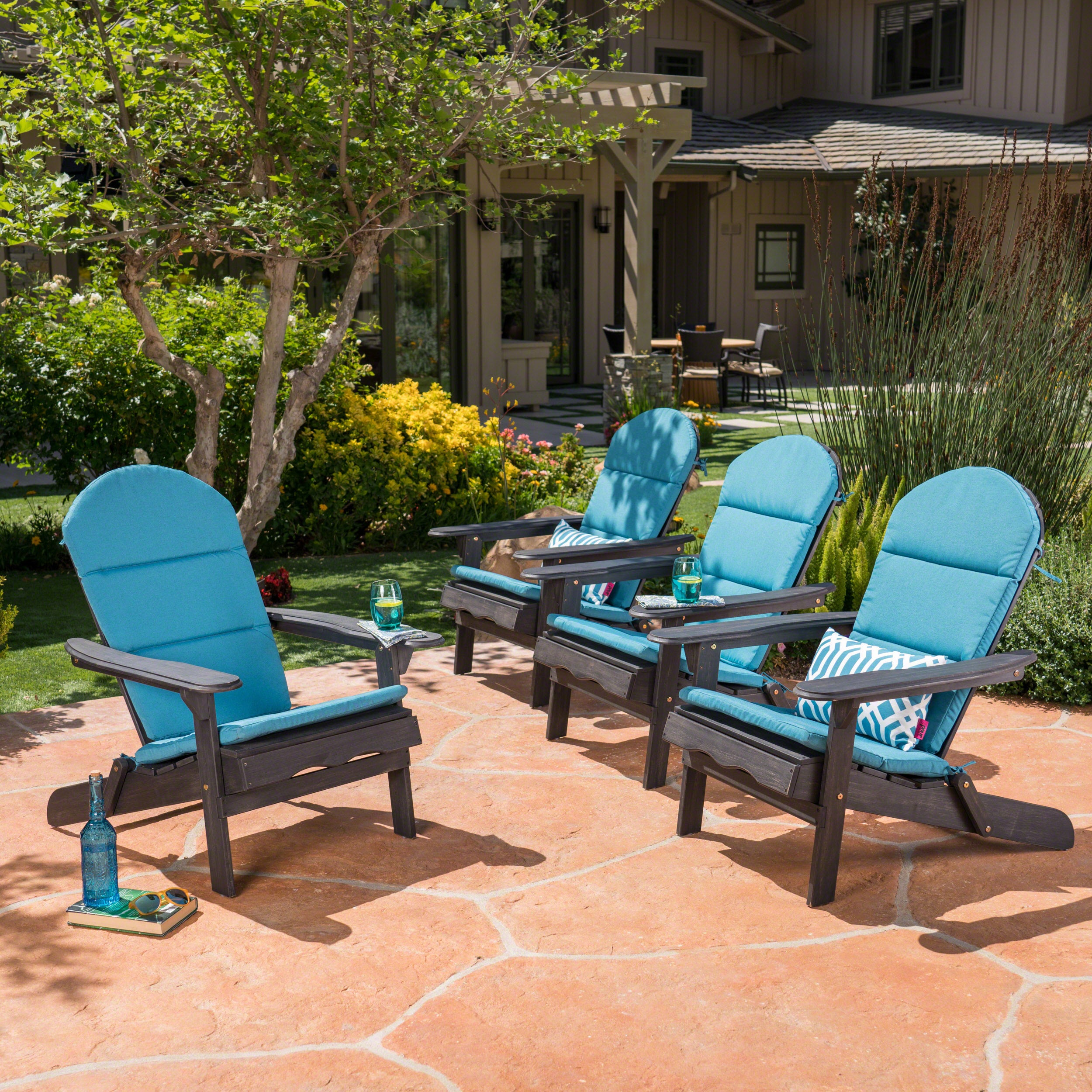 Nelie Outdoor Acacia Wood Folding Adirondack Chairs with Cushions