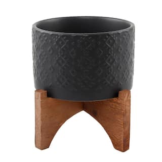 Flora Bunda 5 in. Matte Black Indian Ceramic Planter on Wood Stand Mid-Century Planter CT902E-MTBK