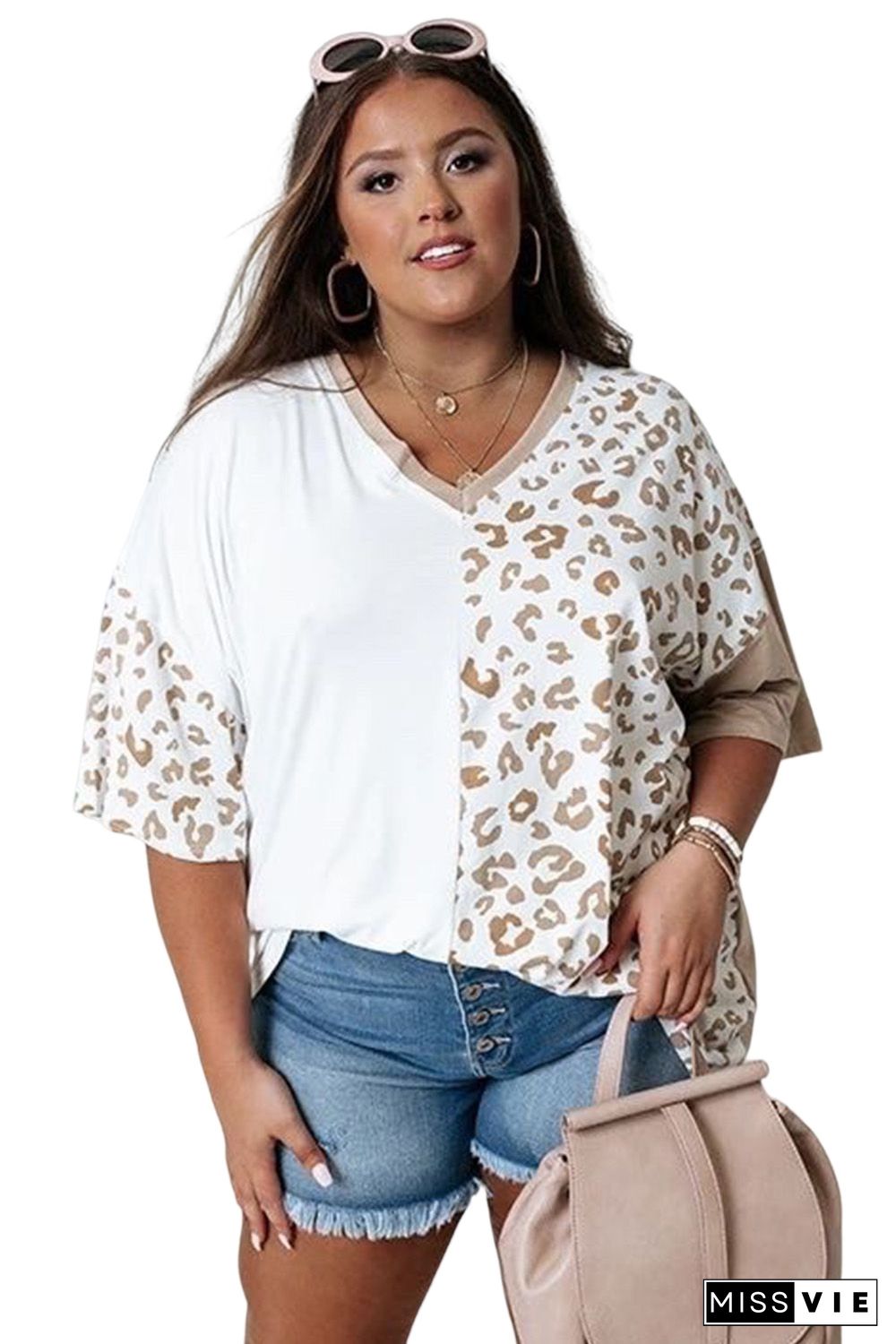 White Plus Size Leopard Patchwork Short Sleeve Top