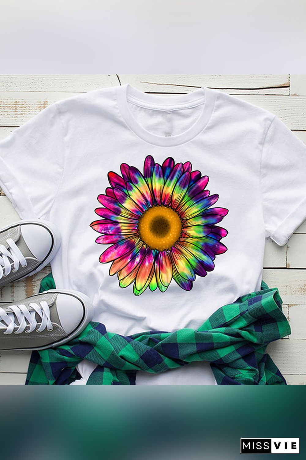 Tie Dye Sunflower Print Short Sleeve Graphic Tee Wholesale