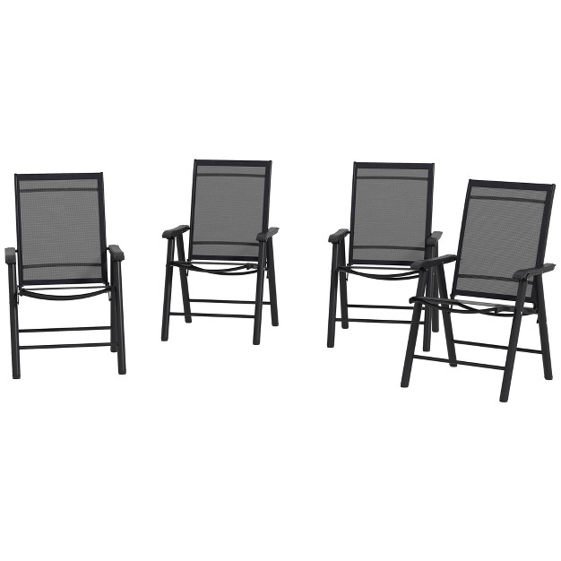 Outsunny Set Of 4 Patio Folding Chairs Stackable Outdoor Sling Chairs With Armrests For Lawn Camping Dining Beach Metal Frame Black