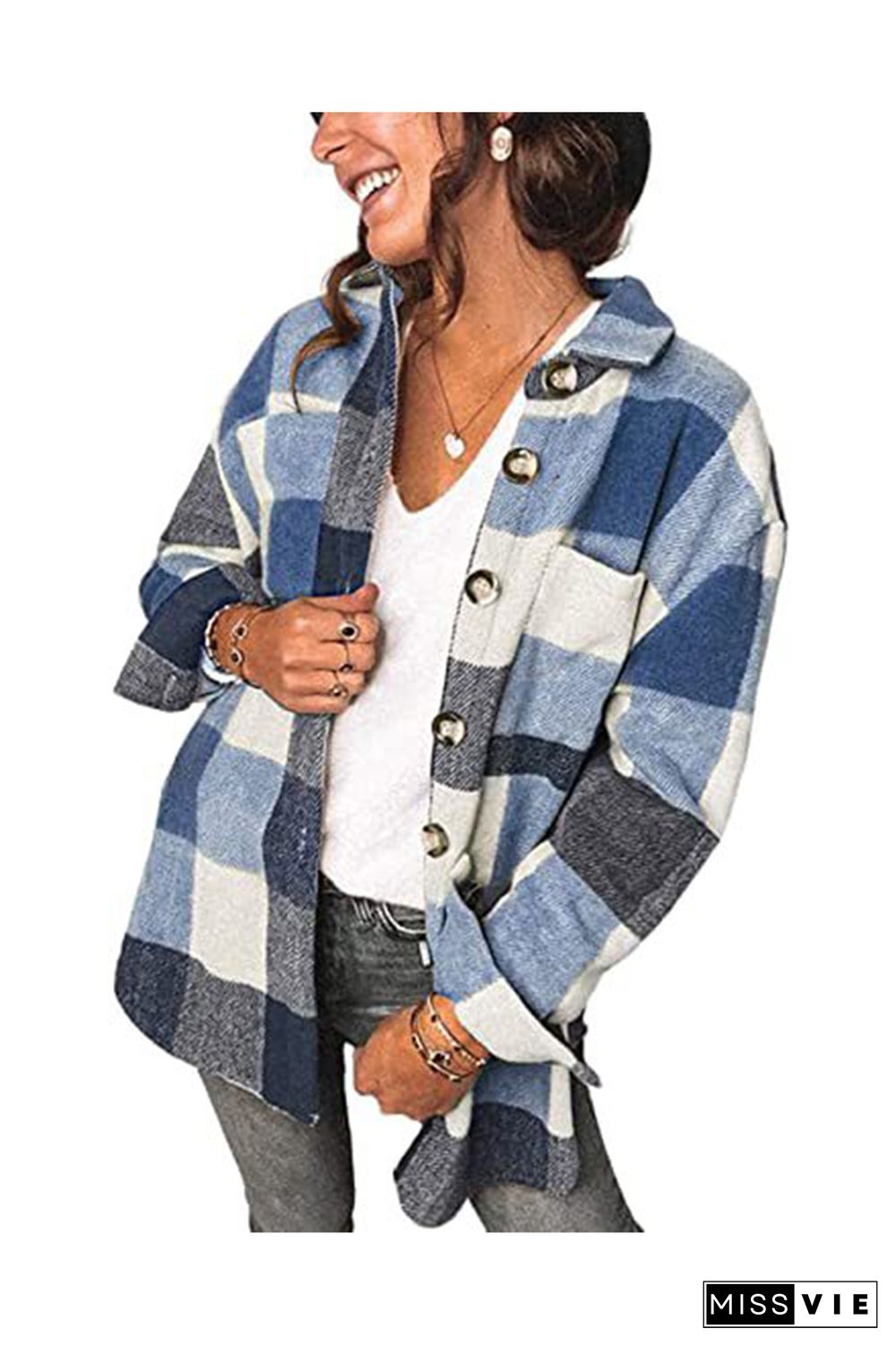 Casual Facecloth Tweed Plaid Blazer Shacket Jacket Wholesale