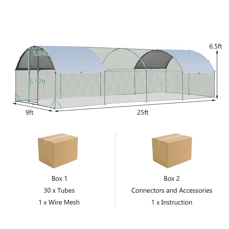 25 FT Large Metal Chicken Coop Walk-in Dome Poultry Cage Hen Run House Rabbits Habitat Cage with Cover