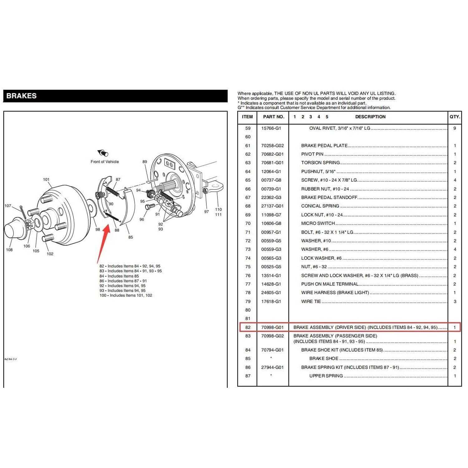 10L0L Driver Side Golf Cart Brake Assembly Fit EZGO TXT w/ Brake Shoes 1996-up 70998-G01