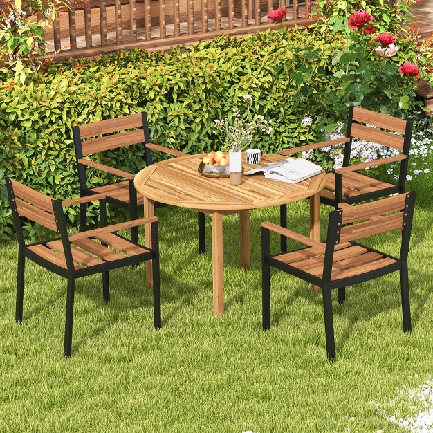 Costway Patio Dining Table Acacia Wood Round Outdoor Bistro Table 4 person For Deck Lawn