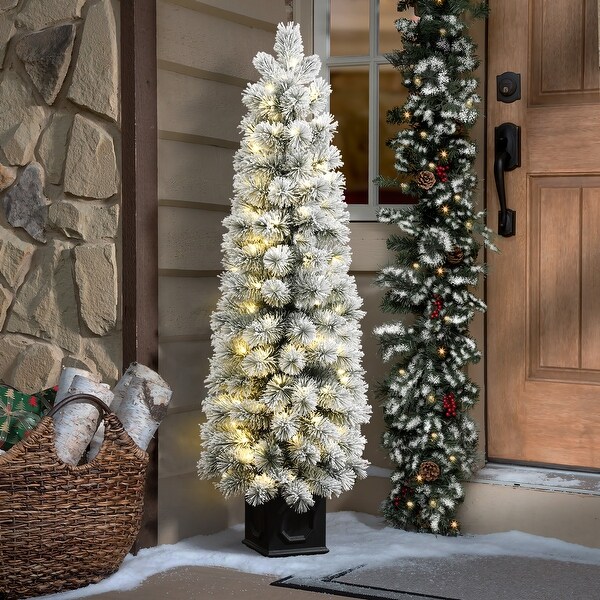 4.5Ft PreLit SnowFlocked Artificial Tree Potted Pine Needles Christmas Tree