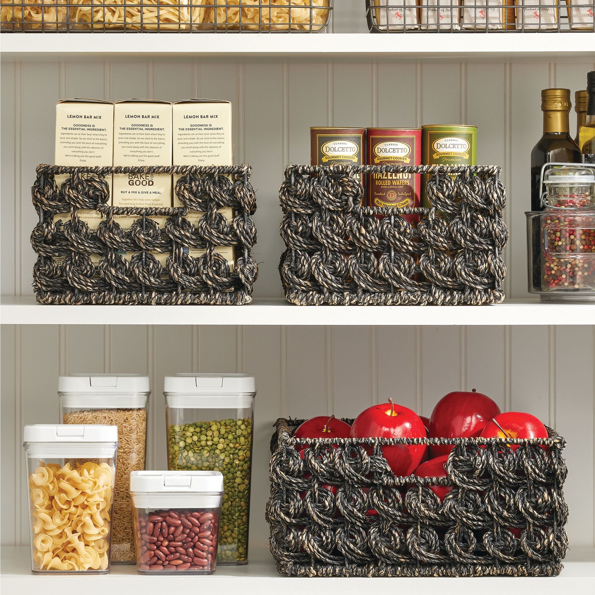 mDesign Woven Seagrass Kitchen Cabinet Pantry Storage Organizer Basket Bin with Handles - Store Fruit, Snacks, Cereal, Oil and Vinegar, Baking Supplies, Pastas, Packets, 3 Pack - Black Wash