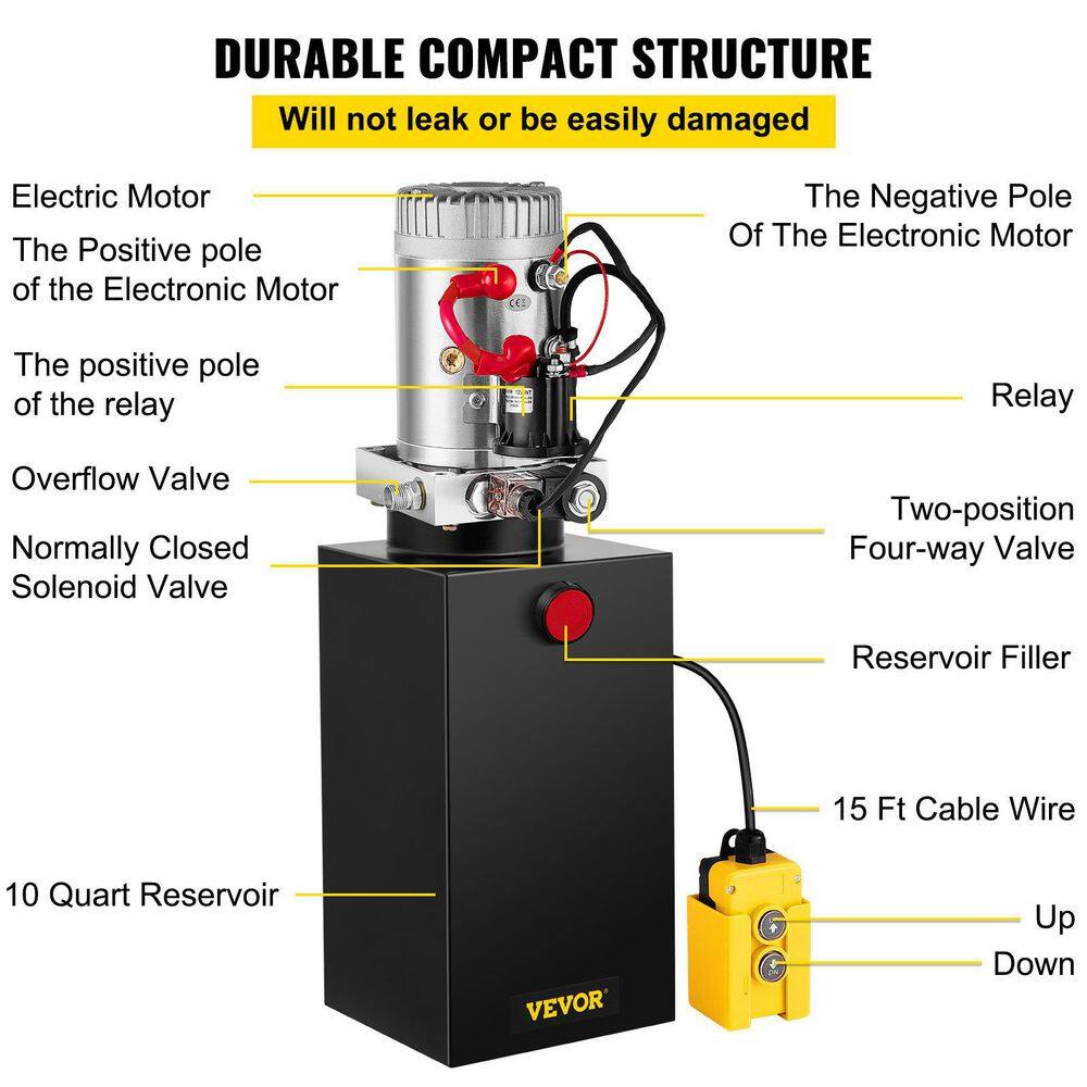 VEVOR 12-Volt DC 10 qt. Hydraulic Pump Hydraulic Power Unit Single Acting 3200 PSI Hydraulic Pump Hydraulic Pump 10LCZYYBTXDZY0001V0