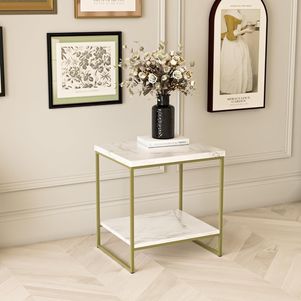 Roomfitters 2 Tier White Faux Marble Print End Table for Living Room