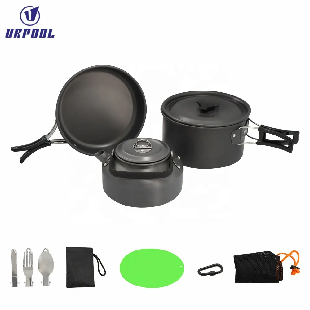 Portable Camping pots Set Lightweight Picnic Cooking Set Include Big Small Pot Frying Pan Bowls Soup Spoon Rice Ladle Loofah