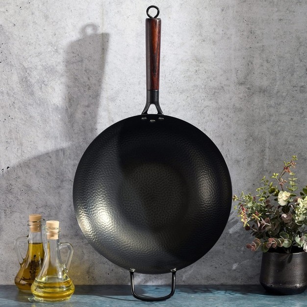 Gibson Home Stargaze 13 Inch Carbon Steel Nonstick Hammered Wok With Wood Handle In Black