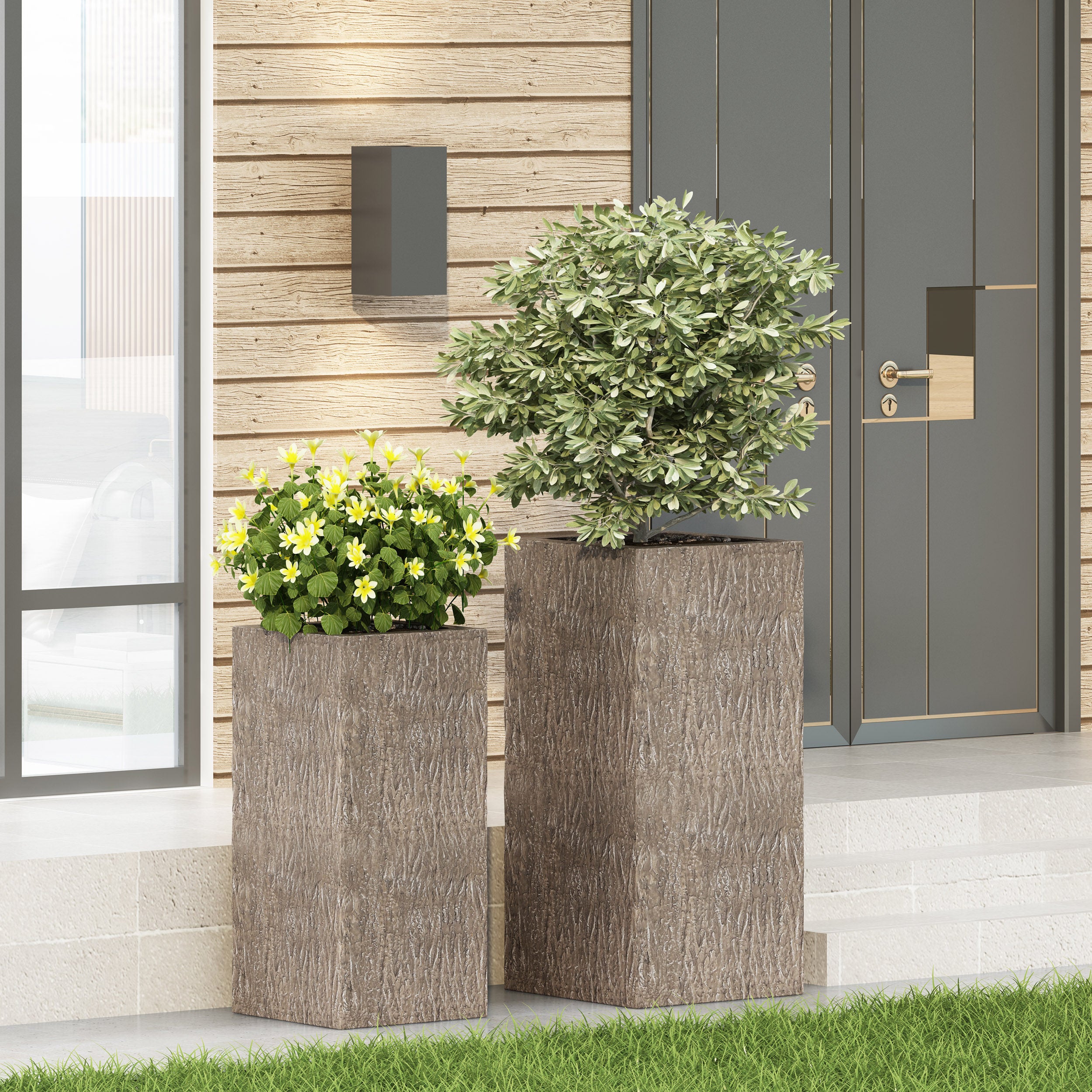 Berkamn Outdoor Large and Medium Cast Stone Planters, Set of 2, Brown Wood