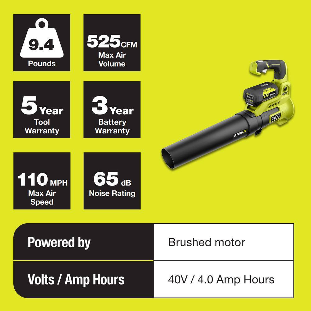 RYOBI 40V 110 MPH 525 CFM Jet Fan Leaf Blower with Lawn and Leaf Bag 4.0 Ah Battery and Charger RY40480-LB