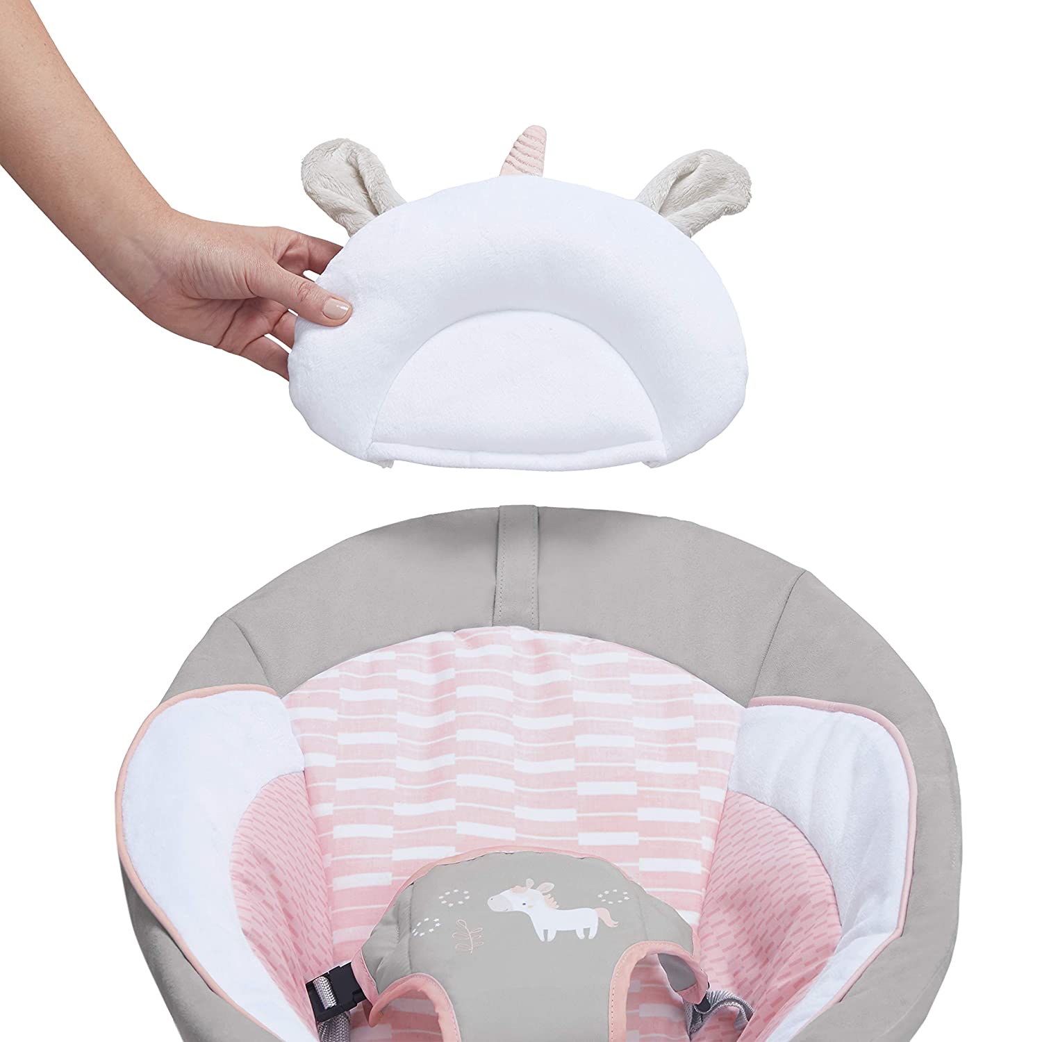 Ingenuity Soothing Baby Bouncer with Vibrating Infant Seat， Music， Removable -Toy Bar and 2 Plush Toys - Flora the Unicorn (Pink)， 0-6 Months