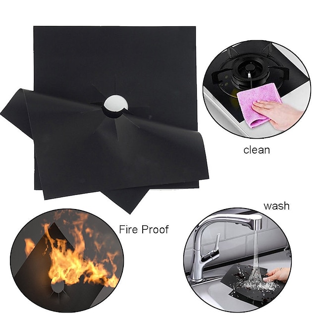 4pcs Reusable Gas Range Protector Gas Stove Burner Safe Non-Sticky and Easy to Clean Teflon Glass Fiber Black Protective Pad for Cleaning Kitchen Tools