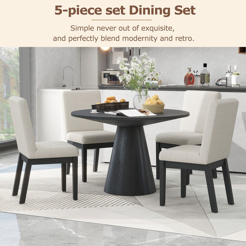 5 piece Kitchen Dining Furniture Set Retro Round Dining Table with 4 Upholstered Chairs  Wooden Dining Table   Chairs Set for 4