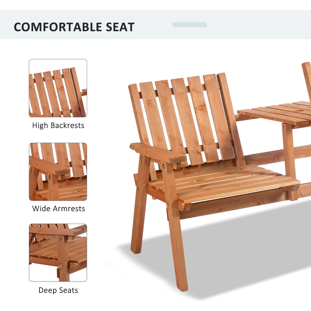 Outsunny Outdoor Patio Wooden Double Chair Garden Bench with Middle Table   Natural Weather Fighting Materials   60\