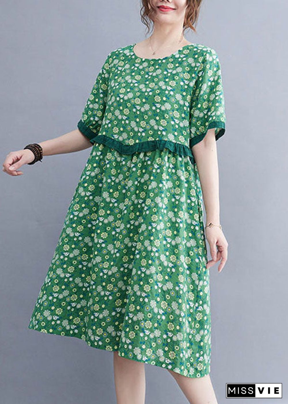 Art Green O-Neck Print Patchwork Ruffles Cotton Linen Mid Dresses Short Sleeve