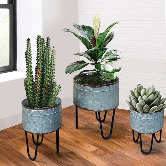 Benzara BM154147 Round Galvanized Metal Planters w...