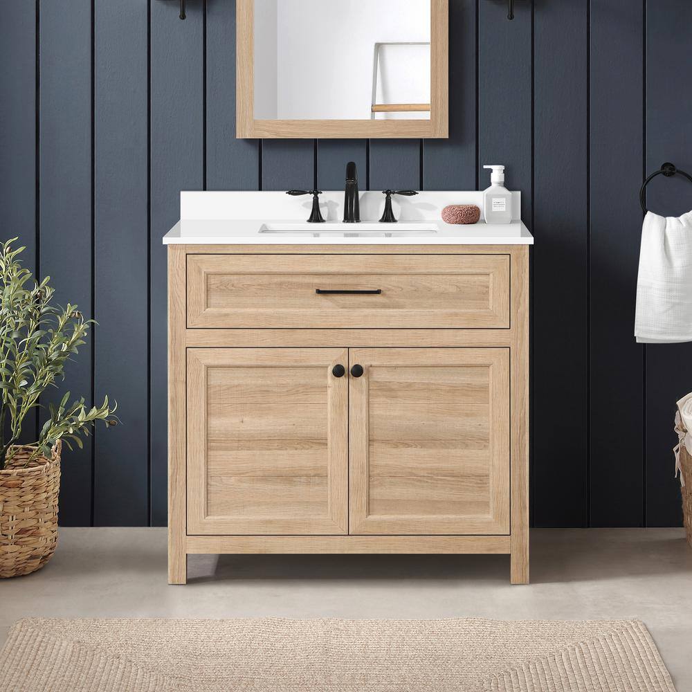 Home Decorators Collection Hanna 36 in. W x 19 in. D x 34.50 in. H Freestanding Bath Vanity in Weathered Tan with White Engineered Stone Top Hanna 36WT