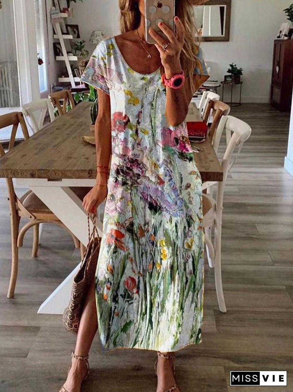 Casual Art Oil Painting Floral Round Neck Short Sleeve Hem Slit Long Dress