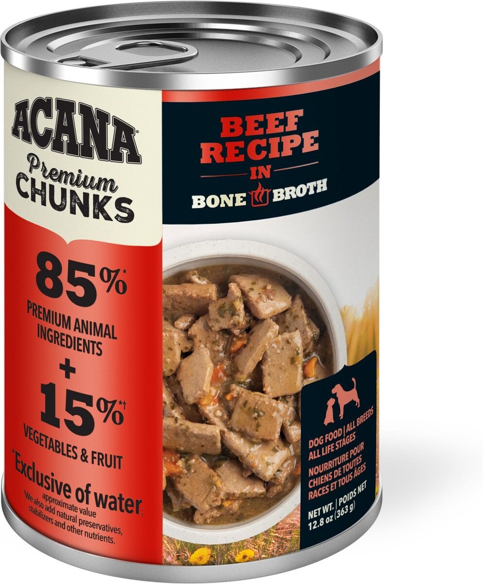 ACANA Premium Chunks Beef Recipe in Bone Broth Grain-Free Wet Dog Food， 12.8-oz can， case of 12