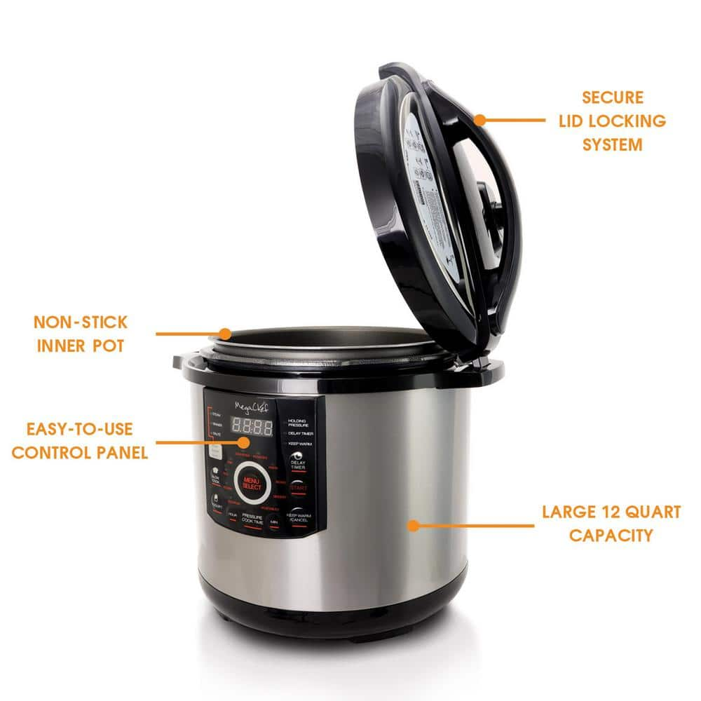 MegaChef 12 Qt. Black and Silver Electric Pressure Cooker with Automatic Shut-Off and Keep Warm Setting 985110831M