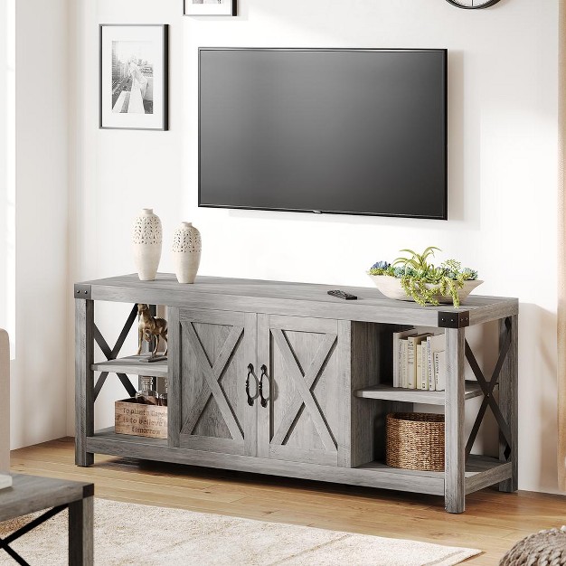 Trinity Farmhouse Tv Stand Mid Century Modern Entertainment Center With Sliding Barn Doors And Storage Cabinets For Living Room