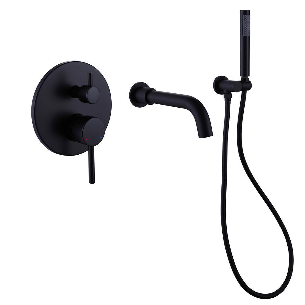 FLG Double-Handle Wall-Mount Roman Tub Faucet with Hand Shower Brass Bathtub Filler in Matte Black KK-0040-MB