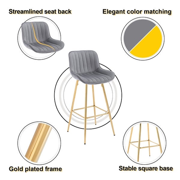 30 inches Bar Stools Set of 2， Velvet Bar Height Stools with Golden Base， Modern Counter Height Chair with Footrest (Gray)