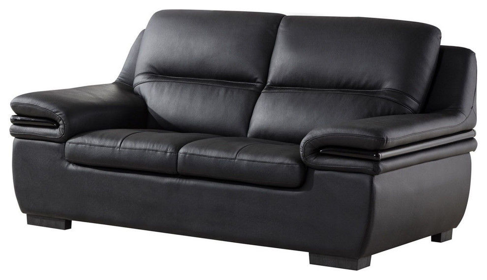 Contemporary Leather Loveseat With Wooden Trim Armrest And Block Feet Black   Contemporary   Loveseats   by VirVentures  Houzz