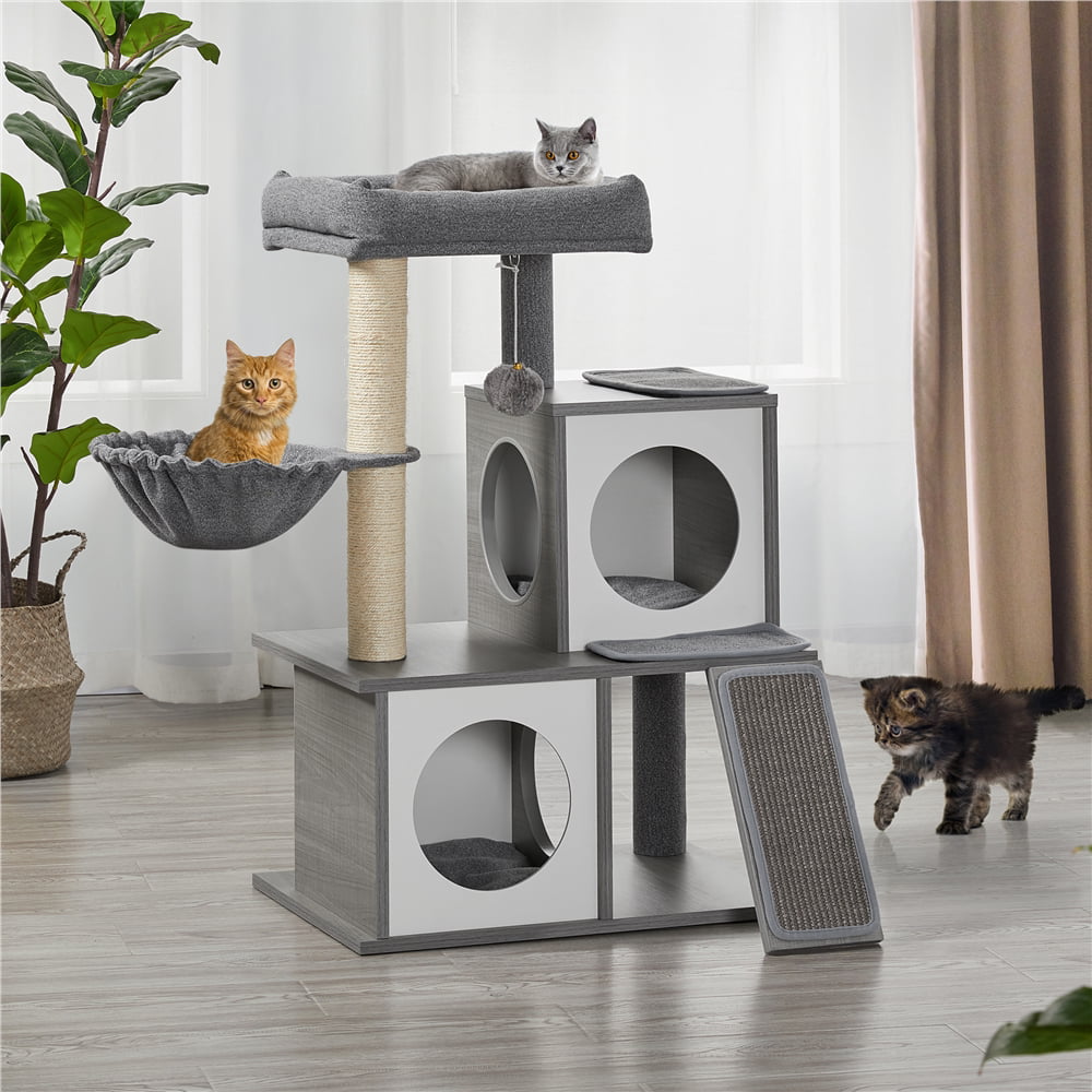 Yaheetech 35'' Multilevel Cat Tree Fabric Felt Cloth Medium Cat Tower with Two Condos Perch Scratching Posts Basket， Light Gray