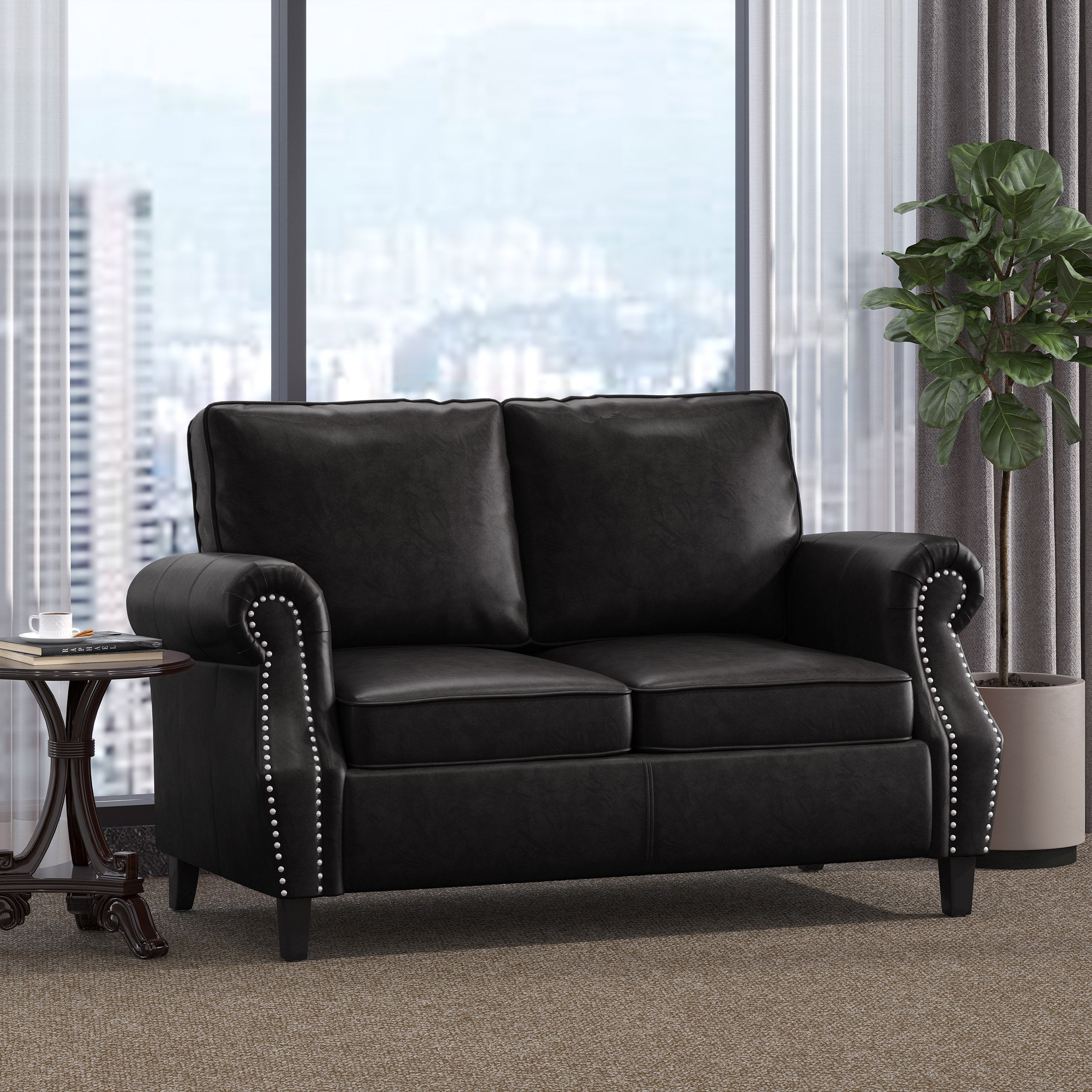 Pochelon Contemporary Faux Leather Loveseat with Nailhead Trim