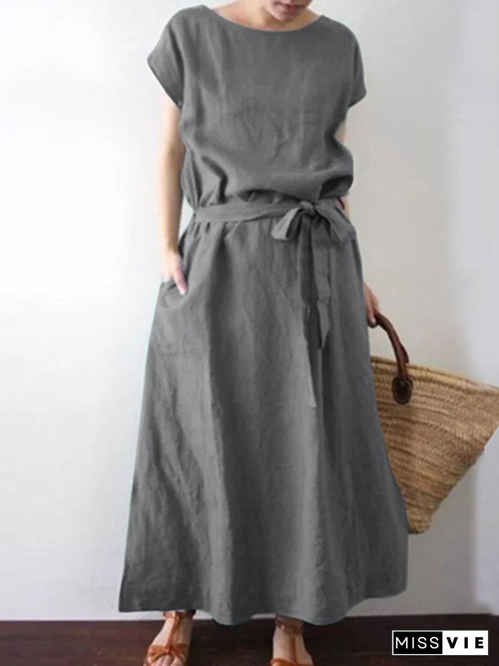 Casual O-Neck Solid Color Cotton Linen Belt Long Dress Retro Simple Commute Dress Women Fashion Loose Short Sleeve Pocket Dress