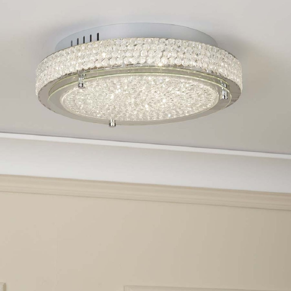 Searchlight 2714CC LED Chrome & Crystal Modern Decorative Round Flush Light 40cm 1608lm