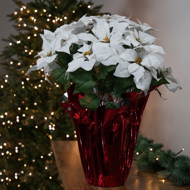 White Artificial Christmas Poinsettia In Red Wrapped Base